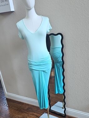 Light Aqua V-Neck Ruched Maxi Dress